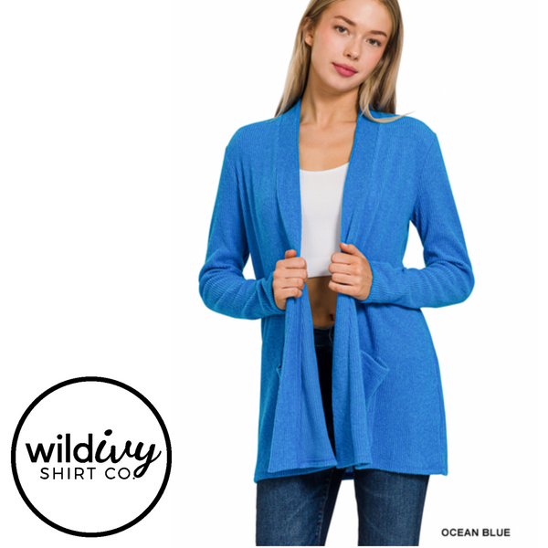 HEATHER RIBBED SWEATER OPEN FRONT CARDIGAN-Ocean Blue