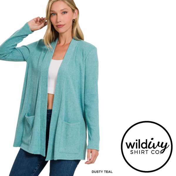 HEATHER RIBBED SWEATER OPEN FRONT CARDIGAN-Dusty Teal