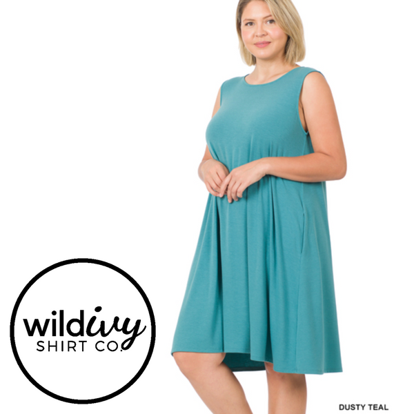 PLUS SLEEVELESS FLARED DRESS WITH SIDE POCKETS-DUSTY TEAL